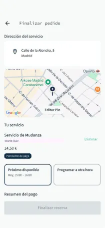 Pantalla de reserva de la app Lugh